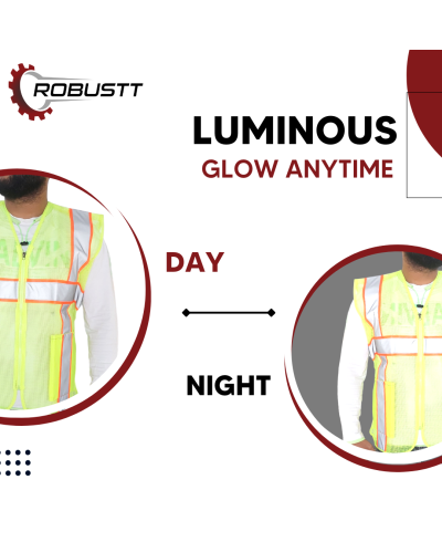 Robustt V Neck Green Reflective Safety Jacket with Zipper Clousure