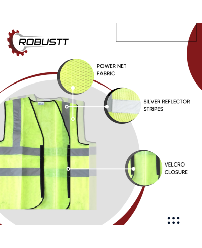 Robustt V Neck Green Reflective Safety Jacket with Zipper Clousure