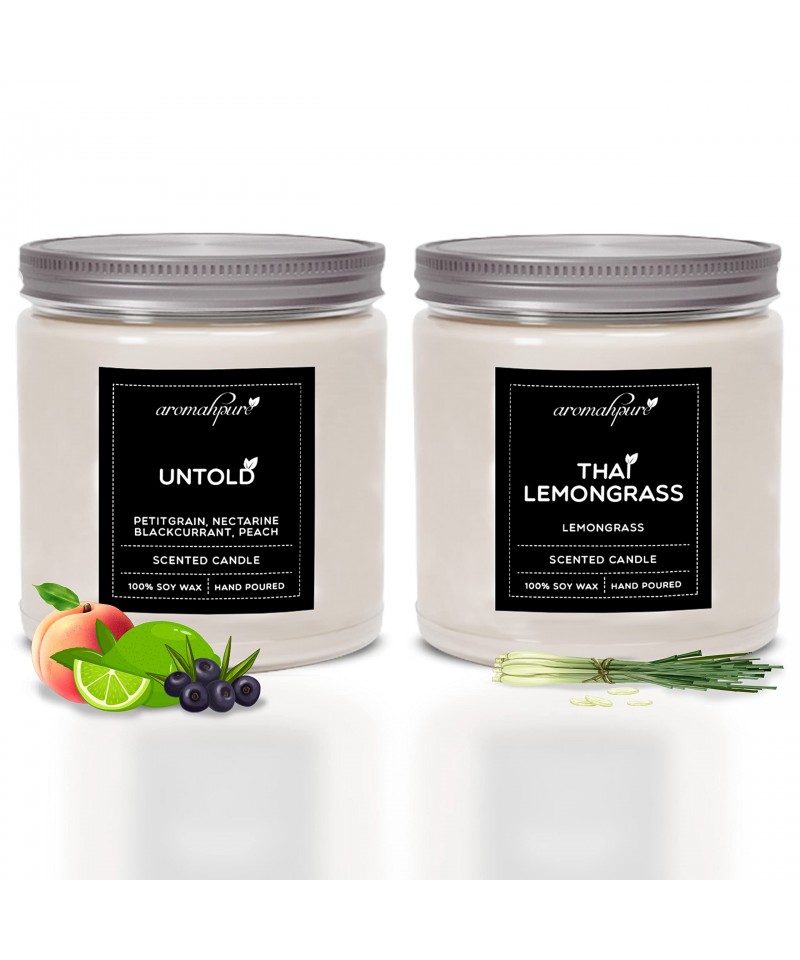 Aromahpure Scented Candles (55 hours) (100% Soy Wax )- Handcrafted | Smoke-Free | Untold- Petitgrain, Nectarine, Blackcurrant & Peach, Thai Lemongrass Fragrance Candles for Home & Gift Sets